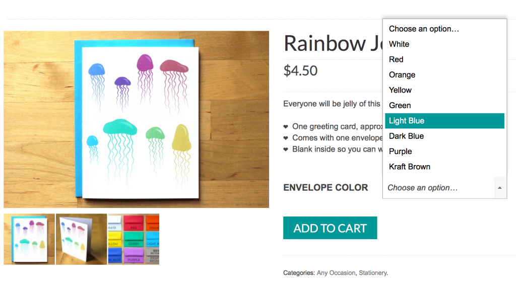 View product details, check out the card from different angles, and choose your envelope color.